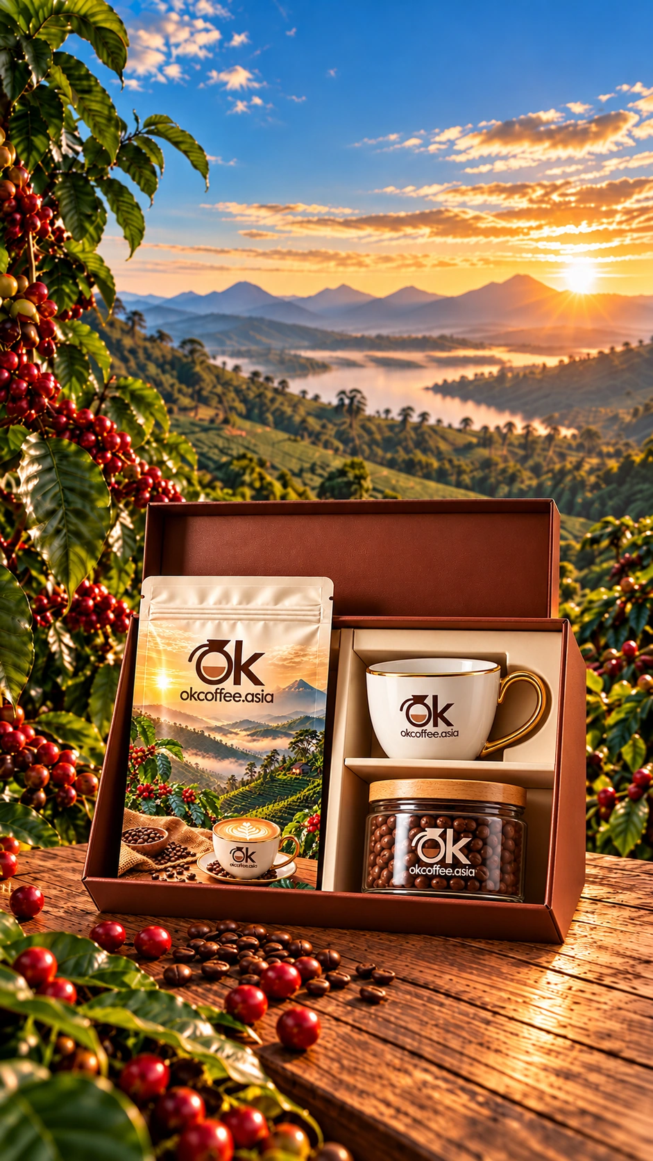 OKCoffee gift box beside coffee trees overlooking mountains at golden sunrise