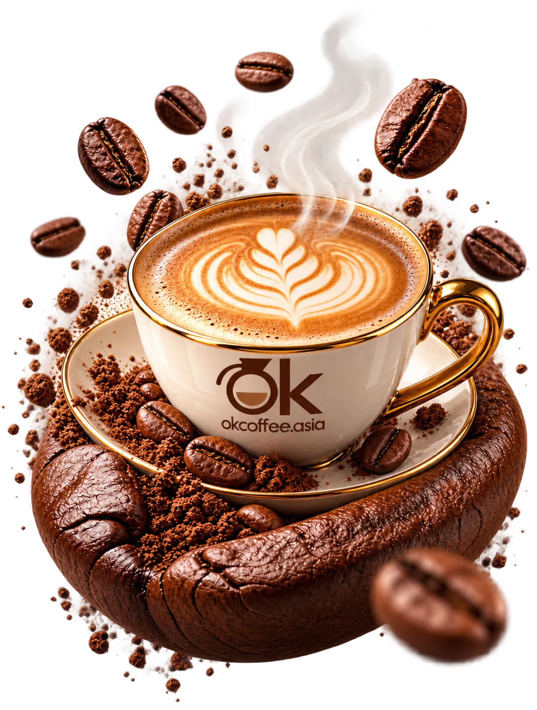 Latte cup product with OKCoffee.asia logo, surrounded by coffee beans on a transparent background