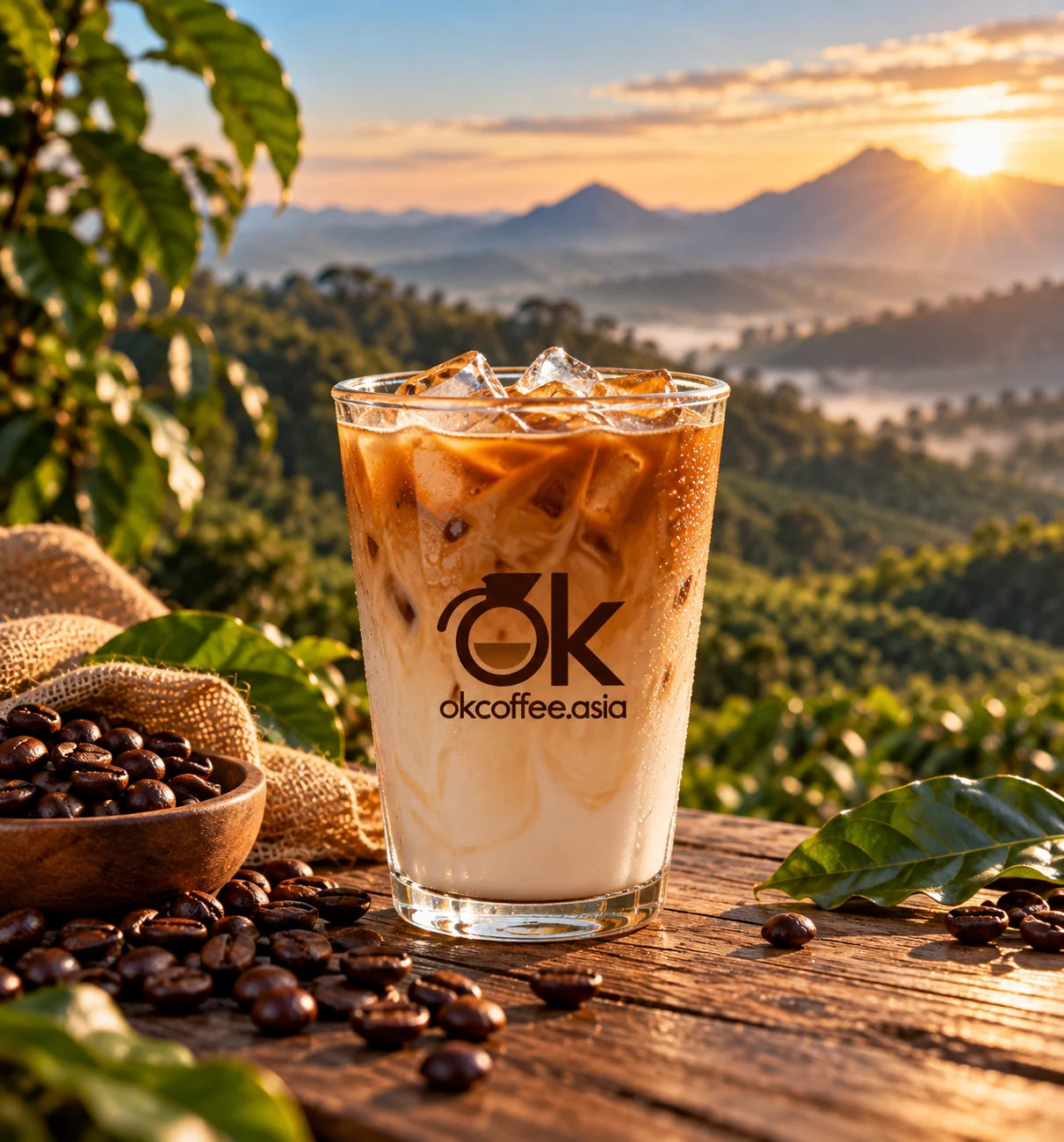 Iced latte overlooking Asian coffee plantations and sunrise