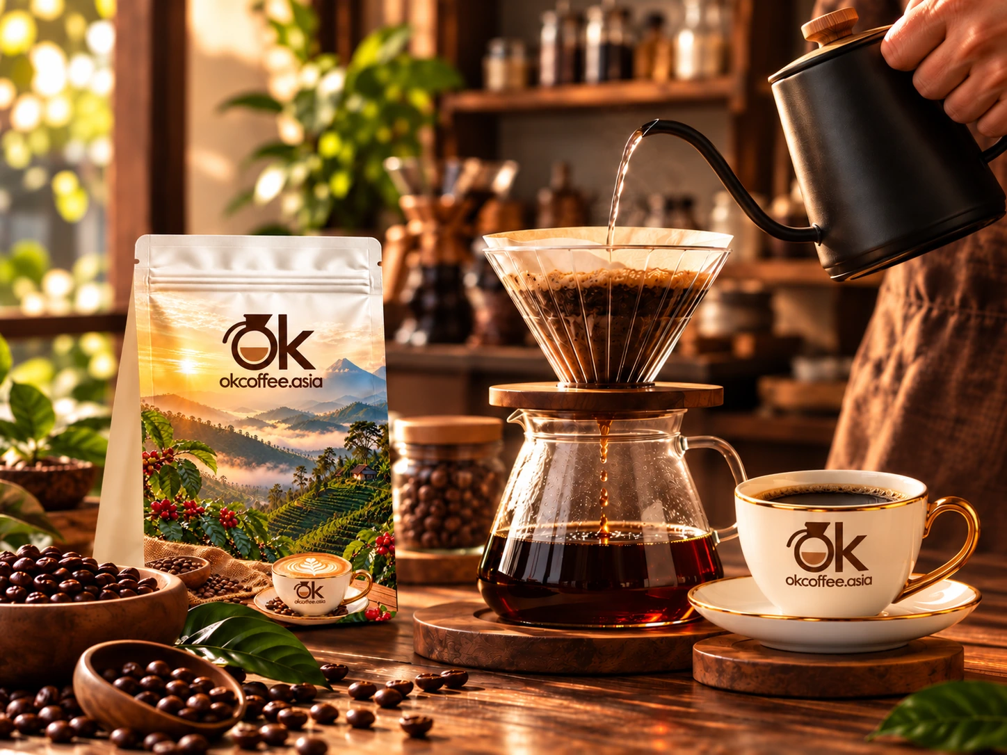 Pour-over coffee brewing with OKCoffee packaging and a coffee cup