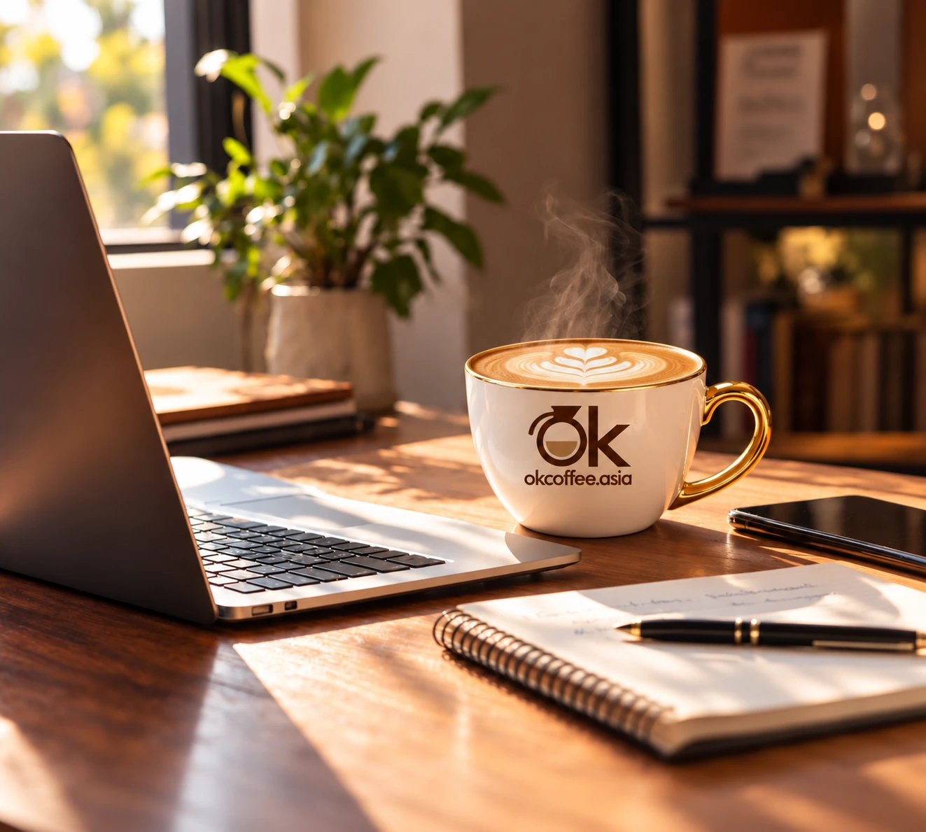Sunlit workspace with a laptop and a cup of OKCoffee
