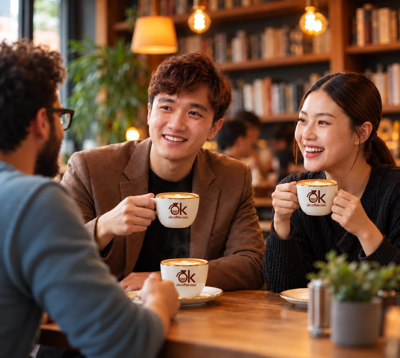 Friends enjoying OKCoffee together in a cozy coffee shop