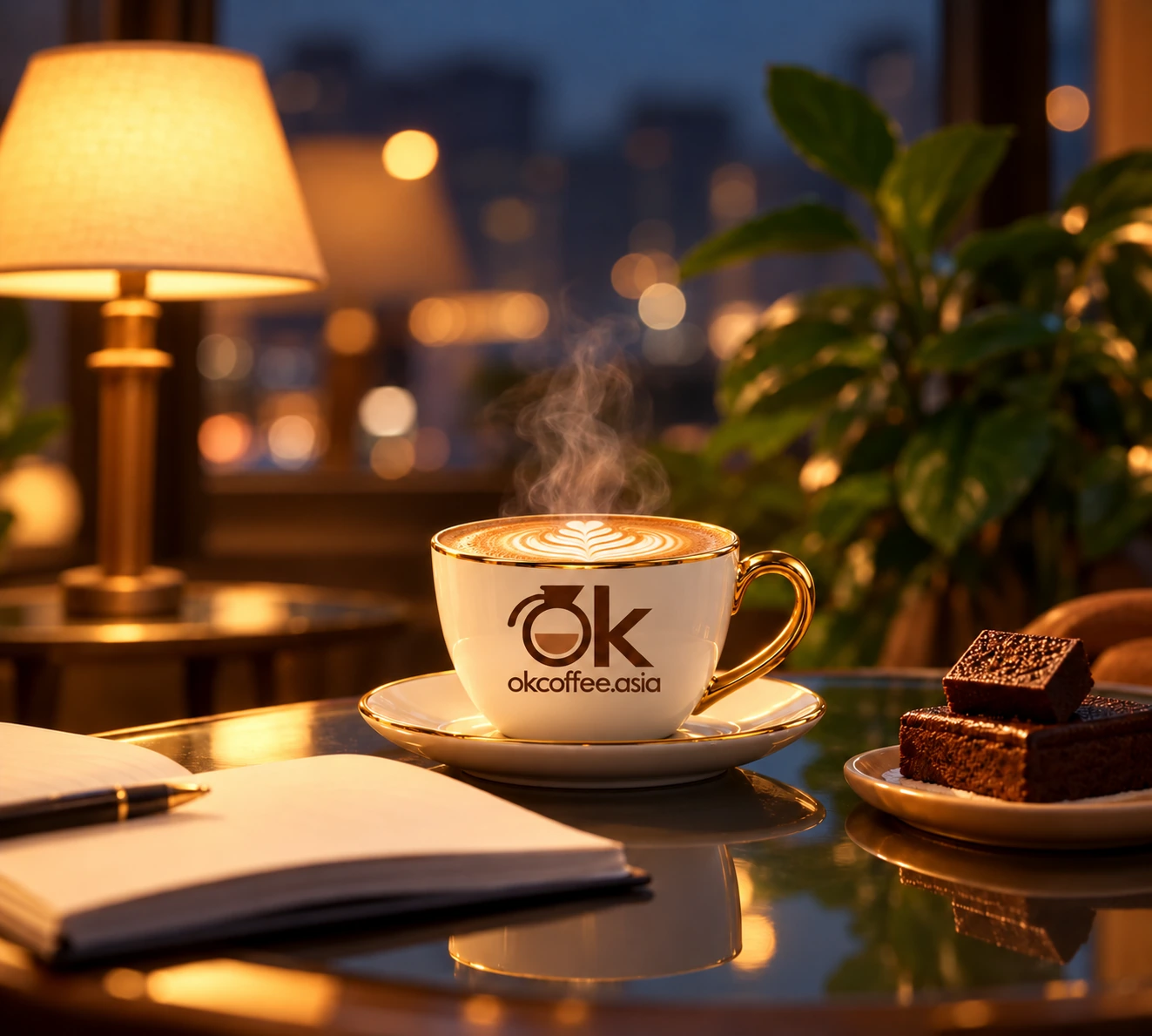 Warm evening scene with OKCoffee cup, journal, and chocolate