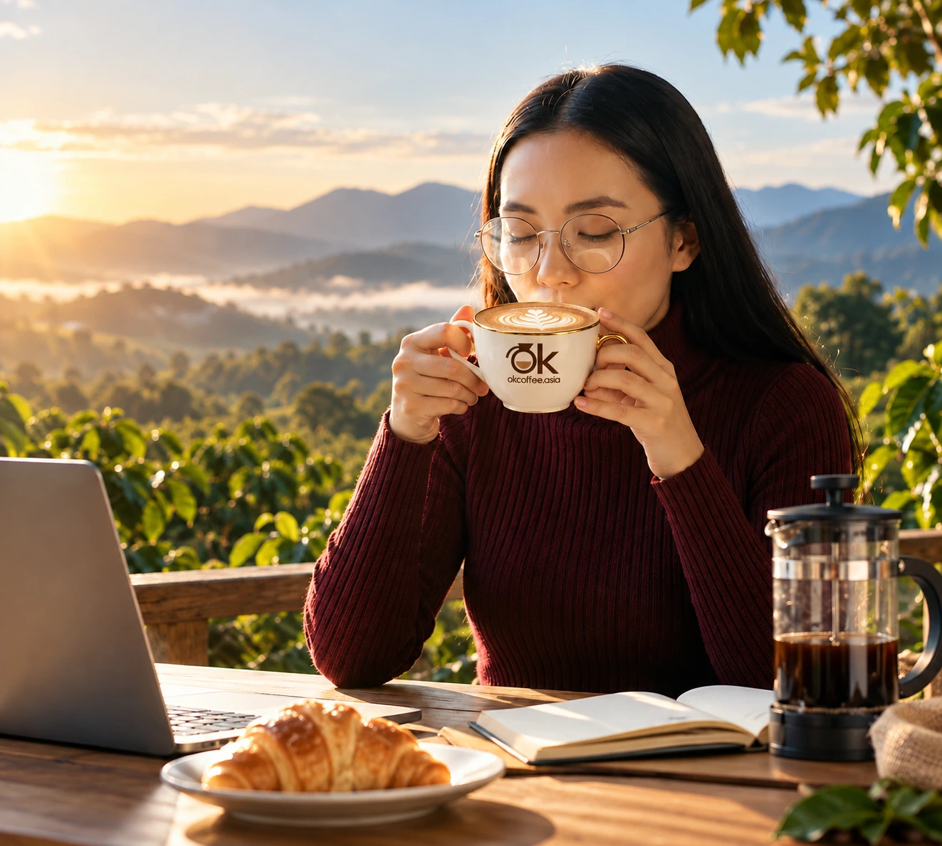Morning coffee overlooking green mountain plantations, woman enjoying OKCoffee