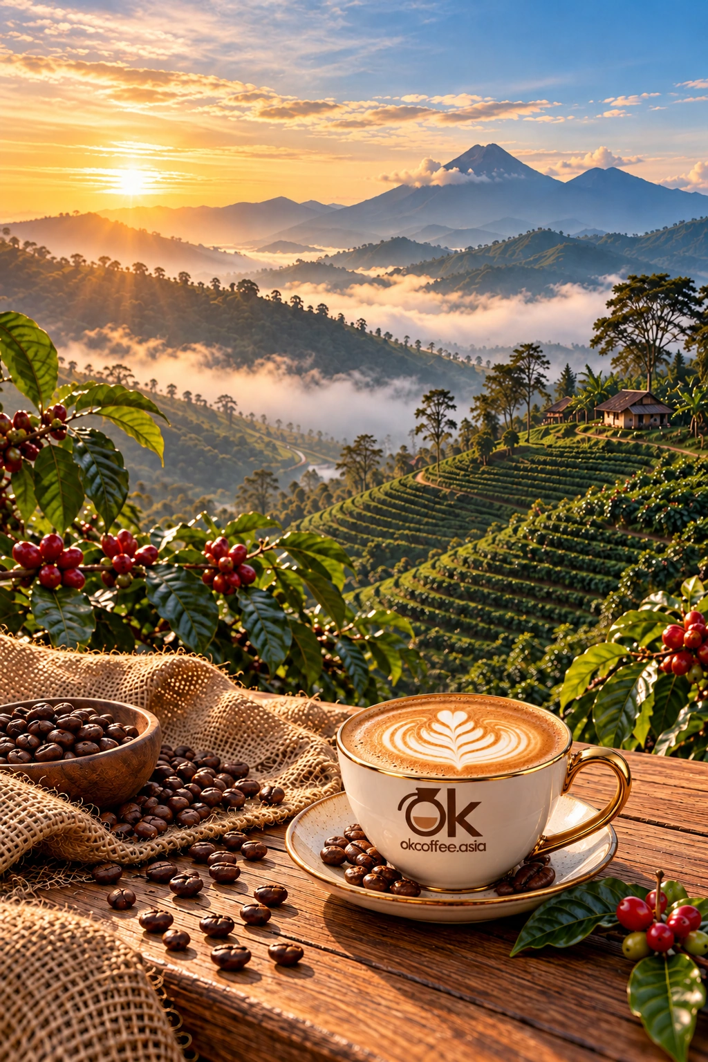 Golden sunrise above Asian coffee plantations, latte cup with OKCoffee branding on table
